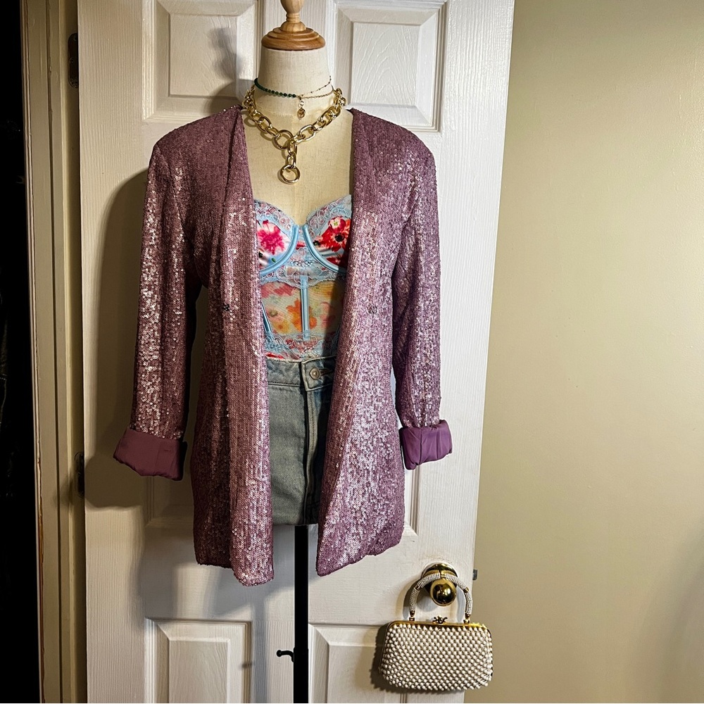 G By Giuliana Black Label Purple Sequin Oversized V Neck Glam Festival Jacket S‎